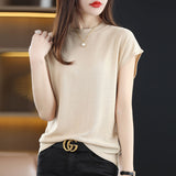 Fashion Solid Color Knitted Loose Korean T-Shirt Women's Clothing 2023 Spring New Casual Pullovers All-match Tee Shirt