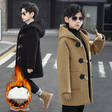 Boys Wool & Blends Winter Coat 2023 New Fashion Hooded Solid Single-Breasted Plus Cotton Warm Children Outerwear High Quality