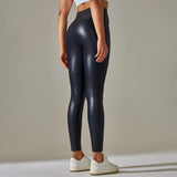 Women PU Leather Leggings Black Pockets Leather Pencil Pants High Waist Sexy Skinny Stretch Leggings Thin Velvet Leather Trouser