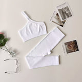 Seamless Women Yoga Set Workout Sportswear Gym Ribbed Fitness One Shoulder Crop Top Bra High Waist Leggings Sports Suits