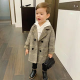 Winter Grid Jackets Boys Girls Woolen Double-Breasted Baby Trench Coat Lapel Kids Outerwear Wool Overcoat Toddler Fall Clothes