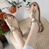 Plus Size 5-11 Bohemian Crystal Sandals Women Shoes Rhinestone Lady Flip Flops Pearl Slip On Tong Female Flat Summer Beach Shoes