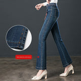 Autumn and Winter High Waisted Jeans Denim Flared Pants Women's Elastic Thin Straight Micro Pants Elastic Waist Trousers M-4XL