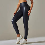 Women PU Leather Leggings Black Pockets Leather Pencil Pants High Waist Sexy Skinny Stretch Leggings Thin Velvet Leather Trouser