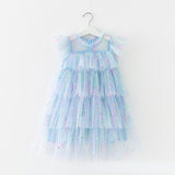 Girls Tulle Super Fairy Princess Dresses Fly Sleeve Rainbow Star Sequined Cake Dress Children Mesh Puffy Birthday Party Vestidos
