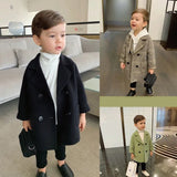 Winter Grid Jackets Boys Girls Woolen Double-Breasted Baby Trench Coat Lapel Kids Outerwear Wool Overcoat Toddler Fall Clothes