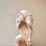 2023 New Summer Girls Sandals Cute Bow Pearl Sequins Kids Princess Shoes Flat Heels Dancing Shoes Size 21-36