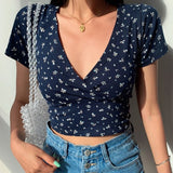 Summer Sexy Women Slim Crop Top Tees T Shirt Low Cut Short Sleeve Solid Female Teenage Girls Femmes T-Shirt Cross Wrap