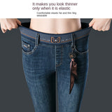 Autumn and Winter High Waisted Jeans Denim Flared Pants Women's Elastic Thin Straight Micro Pants Elastic Waist Trousers M-4XL