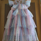 Girls Tulle Super Fairy Princess Dresses Fly Sleeve Rainbow Star Sequined Cake Dress Children Mesh Puffy Birthday Party Vestidos
