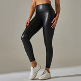 Women PU Leather Leggings Black Pockets Leather Pencil Pants High Waist Sexy Skinny Stretch Leggings Thin Velvet Leather Trouser