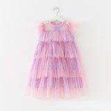 Girls Tulle Super Fairy Princess Dresses Fly Sleeve Rainbow Star Sequined Cake Dress Children Mesh Puffy Birthday Party Vestidos