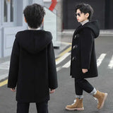 Boys Wool & Blends Winter Coat 2023 New Fashion Hooded Solid Single-Breasted Plus Cotton Warm Children Outerwear High Quality