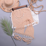 3pcs Bikini Set Woman Crochet Shell Tassel Bikini Top And Seashell Ankle Chain Sexy Beach Skirt Lace See Through Slim Mini Skirt