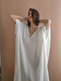 2023 White Solid Bikini Set Cover-ups Sexy V-neck 3/4 Sleeve Long Kaftan Beach Dress Women Beachwear Bathing Suit Cover Up A1431