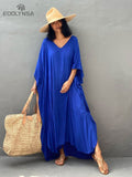 2023 Solid Blue Plus Size Long Kaftan Casual V-neck Robe Summer Maxi Dress Woman Clothing Beach Wear Swim Suit Cover Up Q1384