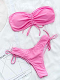 FASKOB Plain Ruched Drawstring Bandeau Bikini Swimsuit Women Two Piece Swimwear 2023 Bikini Set Summer Beach Bathing Suit