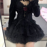 Elastic Gothic Lace Tutu Skirt Women Black Mesh Detail Petticoat Sexy Mini Tulle Skirts Party Club Wear Dancer
