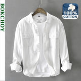 Autumn Winter New Men New Men's White Long Sleeve Shirt Pure Cotton Retro Style Button Up Pocket White Workwear GA-Z102