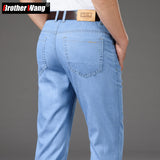 Classic Style Summer Men's Light Blue Thin Straight Jeans Business Casual Stretch Denim Pants Male Brand Loose Trousers