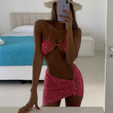 2021 Sexy 3-Piece Bikinis Suit Halter Swimwear Women Beachwear Wave Point Swimsuit Female Holiday Beach Skirt Black Bikini Set