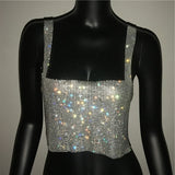 Bling Rhinestones Party Crop Top 2022 Fashion Solid Backless Straps Full Diamonds Sequins Cami Cropped Top for Women