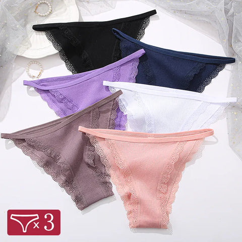 FINETOO 3Pcs/Set Sexy Lace Cotton Briefs Women Solid Comfortable Panties Female Soft Underwear Breathable Intimates Lingerie