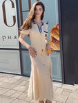 Modphy 2024 Elegant Slim Knitted Long Dress Women's Letter Single Breasted Long Sleeved Designer Vintage Dresses Autumn