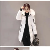 Women Winter Fur Collar Hooded Parka Fashion Letter Patch Zipper Pockets Design Long Jacket Elegant Slim Warm Thick Female Coats