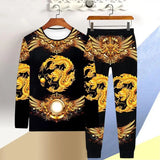 Hot sale autumn and winter long-sleeved T-shirt men 3D tiger casual T-shirt trousers 2 piece clothes Chinese style dragon suit