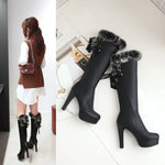 New Fashion Fur Knee High Boots Women's Round Toe Winter Boots High Heel Long Boot Keep Warm Shoes Women Stilettos Bottes White