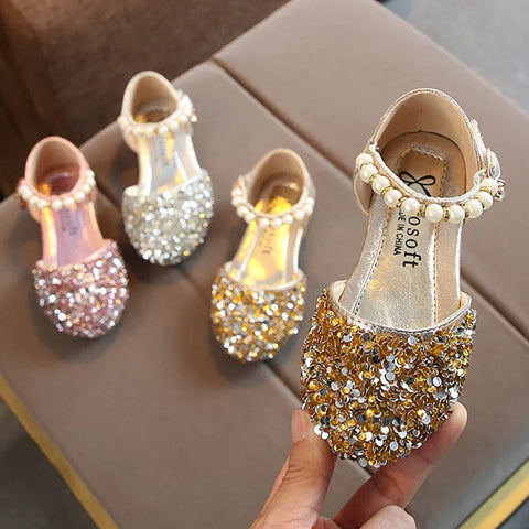 Summer Girls Shoes Bead Mary Janes Flats Fling Princess Shoes Baby Dance Shoes Kids Sandals Children Wedding Shoes Gold