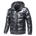 New Bright Leather Winter Men&#39;s Jacket Casual Parka Outwear Waterproof Puffer Padding Warm Stand With Hood Outwearing Coat