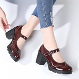 HOVINGEWomen Mary Jane Pumps Shoes Patent Genuine Leather New High Heels Shinny Woman Ladies Shoes Retro Brogue High Square Heel