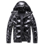 New Bright Leather Winter Men&#39;s Jacket Casual Parka Outwear Waterproof Puffer Padding Warm Stand With Hood Outwearing Coat