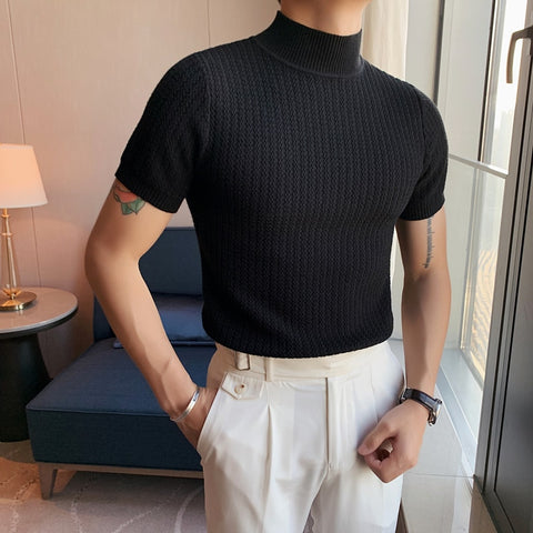 Autumn New Short Sleeve Knitted Sweater Men Tops Clothing 2023 All Match Slim Fit Stretch Turtleneck Casual Pull Homme Pullovers