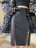 Lautaro Autumn Soft Black Pu Leather Midi Skirt Women with Double Slit Zipper High Waist Korean Style Fashion 2021 Streetwear