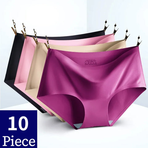 TrowBridge 10PCS/Set Women's Panties Solid Seamless Underwear Plus Size Comfortable Briefs Silk Satin Lingerie Health Underpants