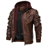 New Autumn Winter Men&#39;s Leather Motorcycle Jacket PU Leather Hooded Jacket Warm Baseball Jacket Euro Size Coat