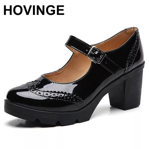 HOVINGEWomen Mary Jane Pumps Shoes Patent Genuine Leather New High Heels Shinny Woman Ladies Shoes Retro Brogue High Square Heel