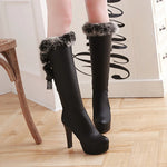 New Fashion Fur Knee High Boots Women's Round Toe Winter Boots High Heel Long Boot Keep Warm Shoes Women Stilettos Bottes White