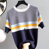 Camisetas Mujer 2021 Thin Knitted T Shirt Women Short Sleeve Summer Tops Woman Clothes Striped Fashion T-Shirt Tee Shirt Femme