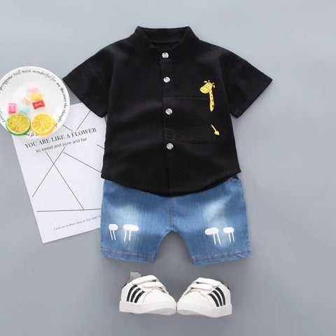 New Summer  Hot Sale Toddler Kids Baby Boys Shirt Cartoon Tops Denim Shorts Pants Outfits Set Baby Clothes