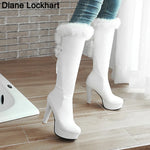 New Fashion Fur Knee High Boots Women's Round Toe Winter Boots High Heel Long Boot Keep Warm Shoes Women Stilettos Bottes White