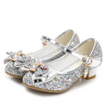 Princess Kids Leather Shoes for Girls Flower Casual Glitter Children High Heel Girls Shoes Butterfly Knot Blue Pink Silver