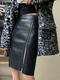 Lautaro Autumn Soft Black Pu Leather Midi Skirt Women with Double Slit Zipper High Waist Korean Style Fashion 2021 Streetwear