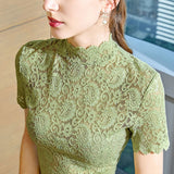 Lace Short Sleeve Top Women Summer Foreign Style Small Stand Collar Hollow Thin Mesh With Lace Half High Collar T Shirt