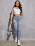 Women Ripped Jeans Cotton Skinny Stretch Lady High Waist Hole Denim Pants Fashion Solid Color Sexy Pencil Trousers