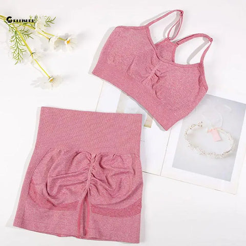 CHRLEISURE Seamless Sports Set Women's  2PCS Yoga Suit Fitness Bra with Cycling Shorts Gym Elastic Workout Outfit Activewear