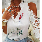 Sexy Hollow Out Printed Women Blouses V-Neck Elegant Short Sleeve Lace Shirts Summer Female Strapless Blouse Casual Tops 19361